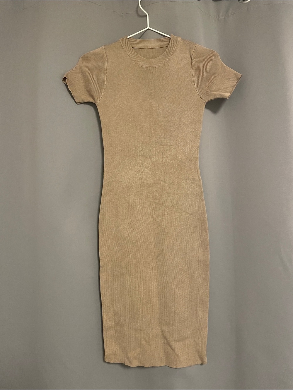 Beige Short-Sleeve Ribbed Knit Midi Dress